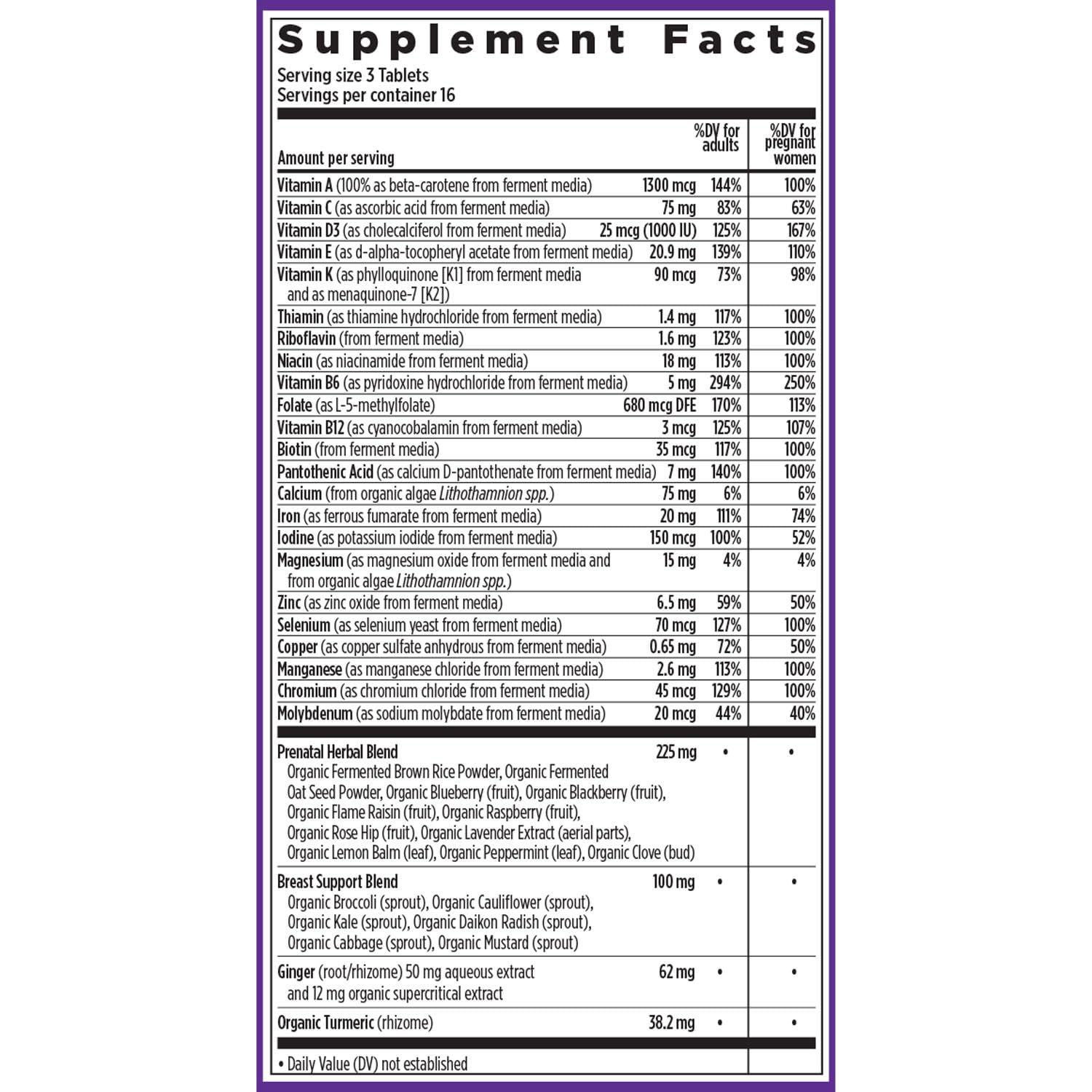 Certified Organic vegetables and herbs in prenatal formula