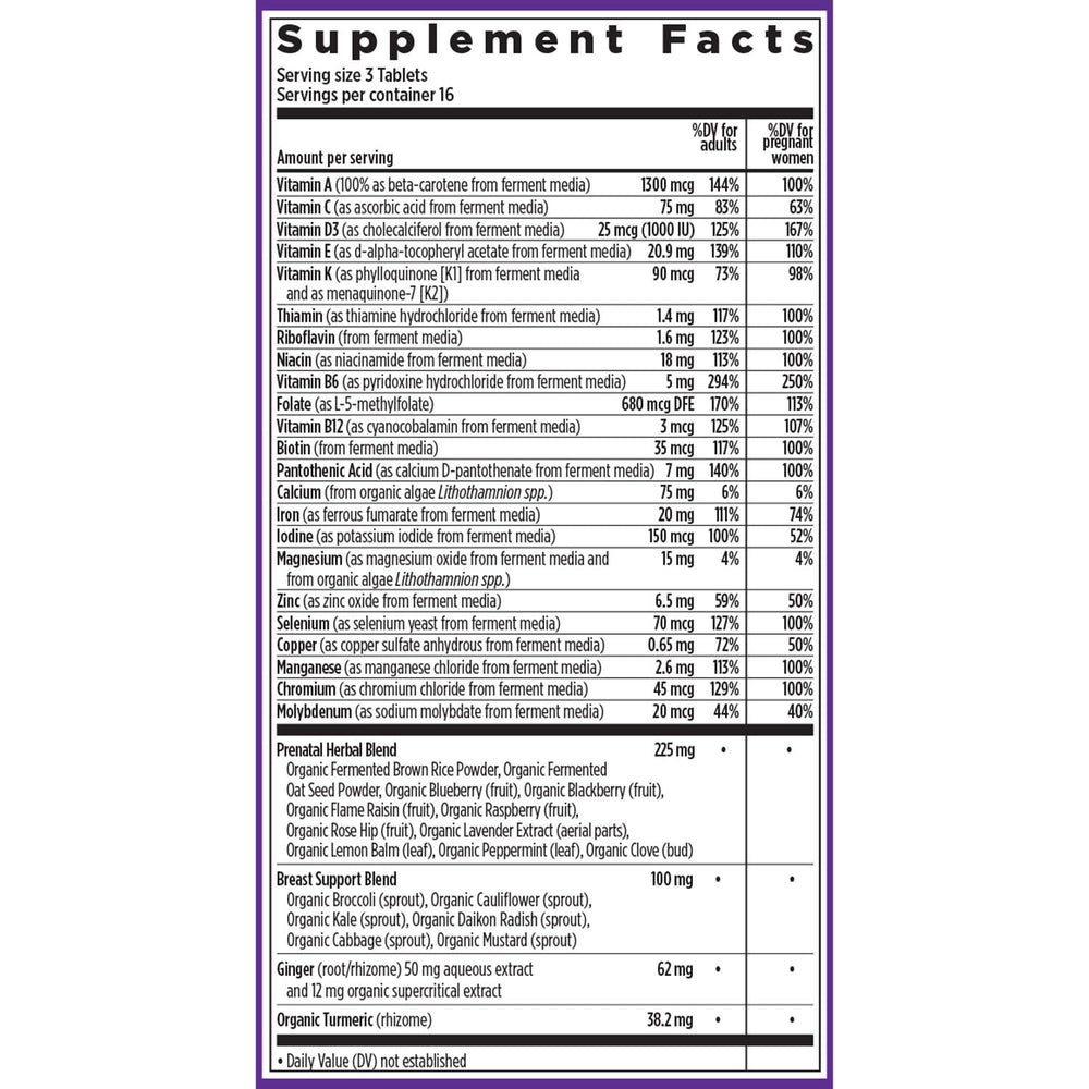 Certified Organic vegetables and herbs in prenatal formula