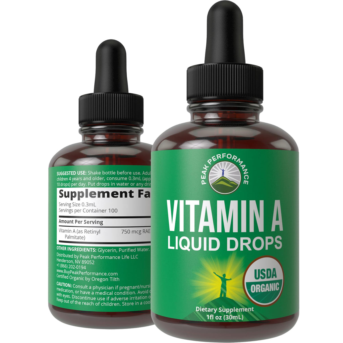Bottled Peak Performance USDA Organic Vitamin A Liquid Drops with dropper