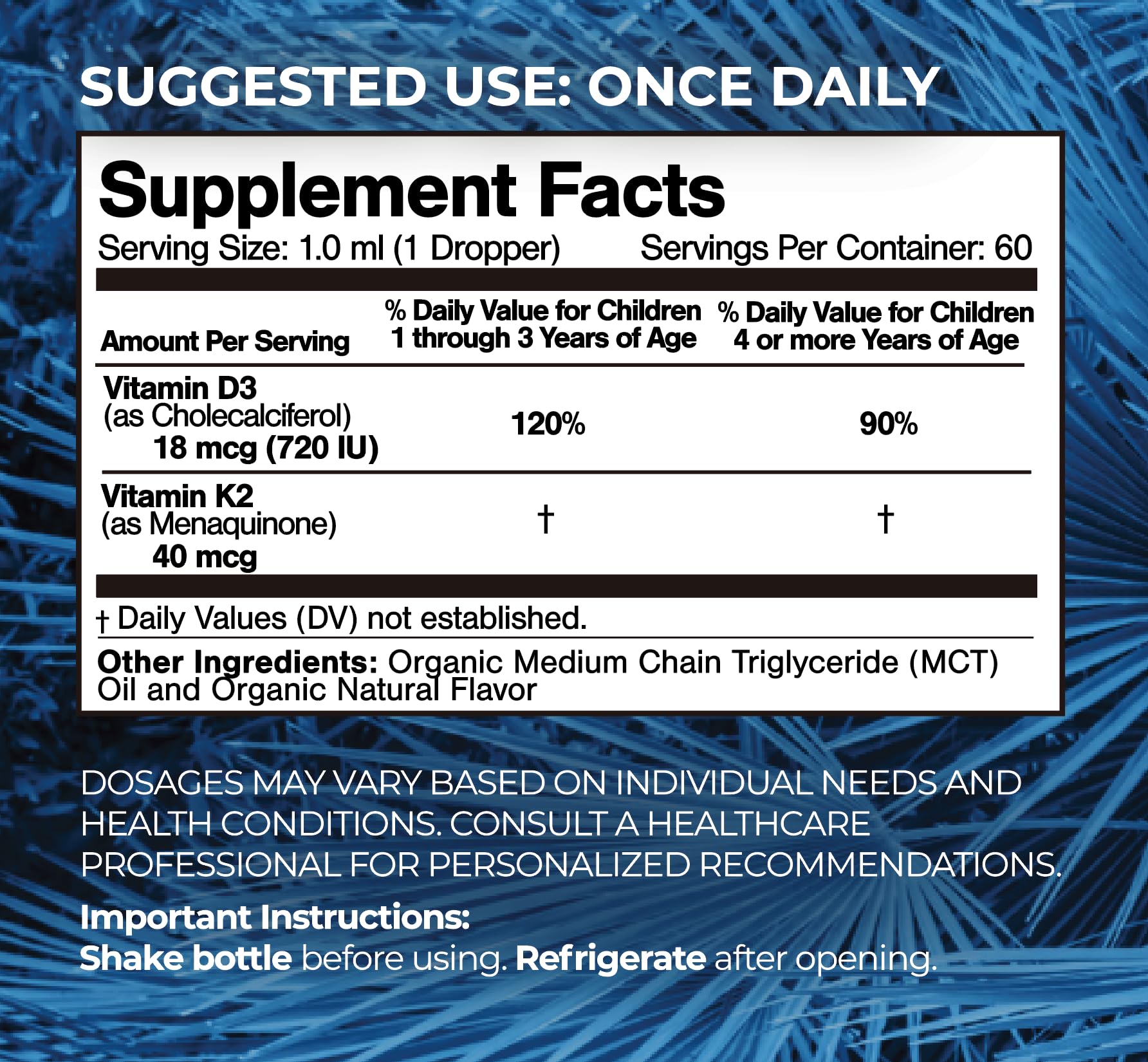 Organic D3 K2 liquid drops for toddlers and children ages 1-12