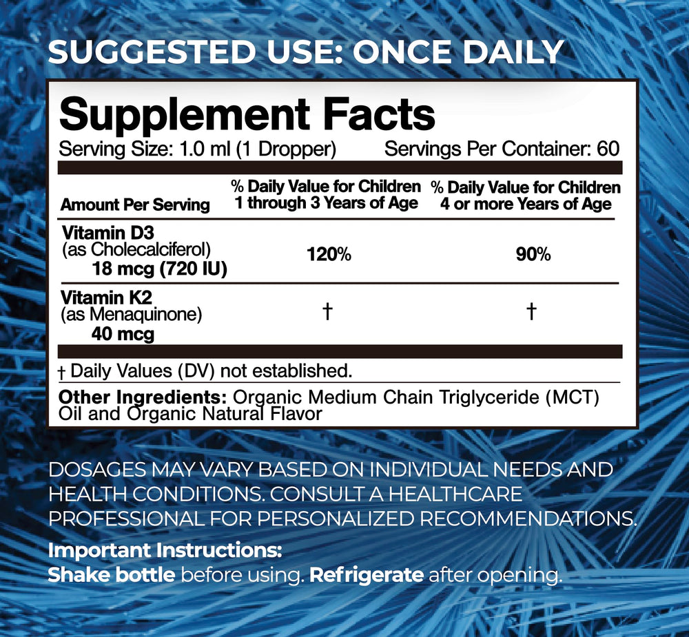 Organic D3 K2 liquid drops for toddlers and children ages 1-12