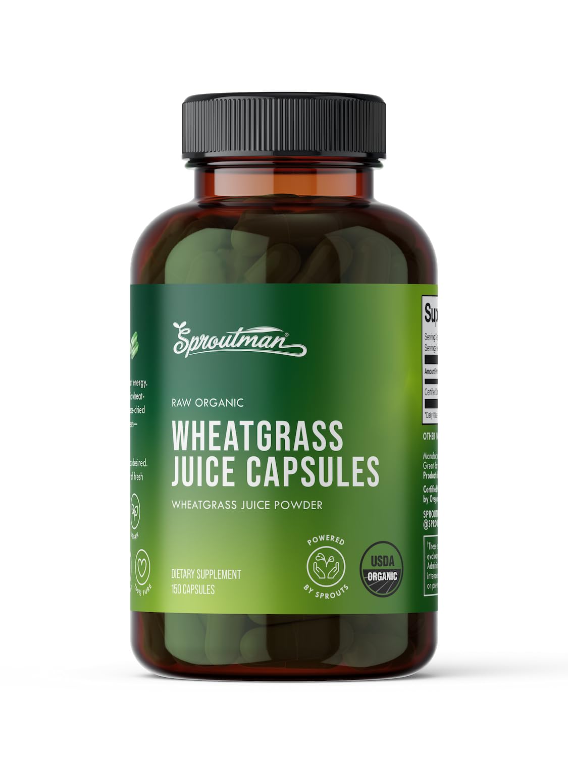 Bottle of Sproutman Organic Wheatgrass Juice Powder Capsules (150 capsules) on a white background