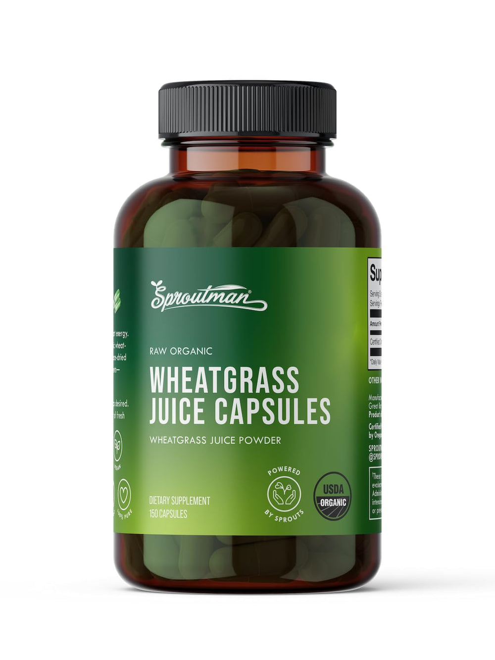 Bottle of Sproutman Organic Wheatgrass Juice Powder Capsules (150 capsules) on a white background