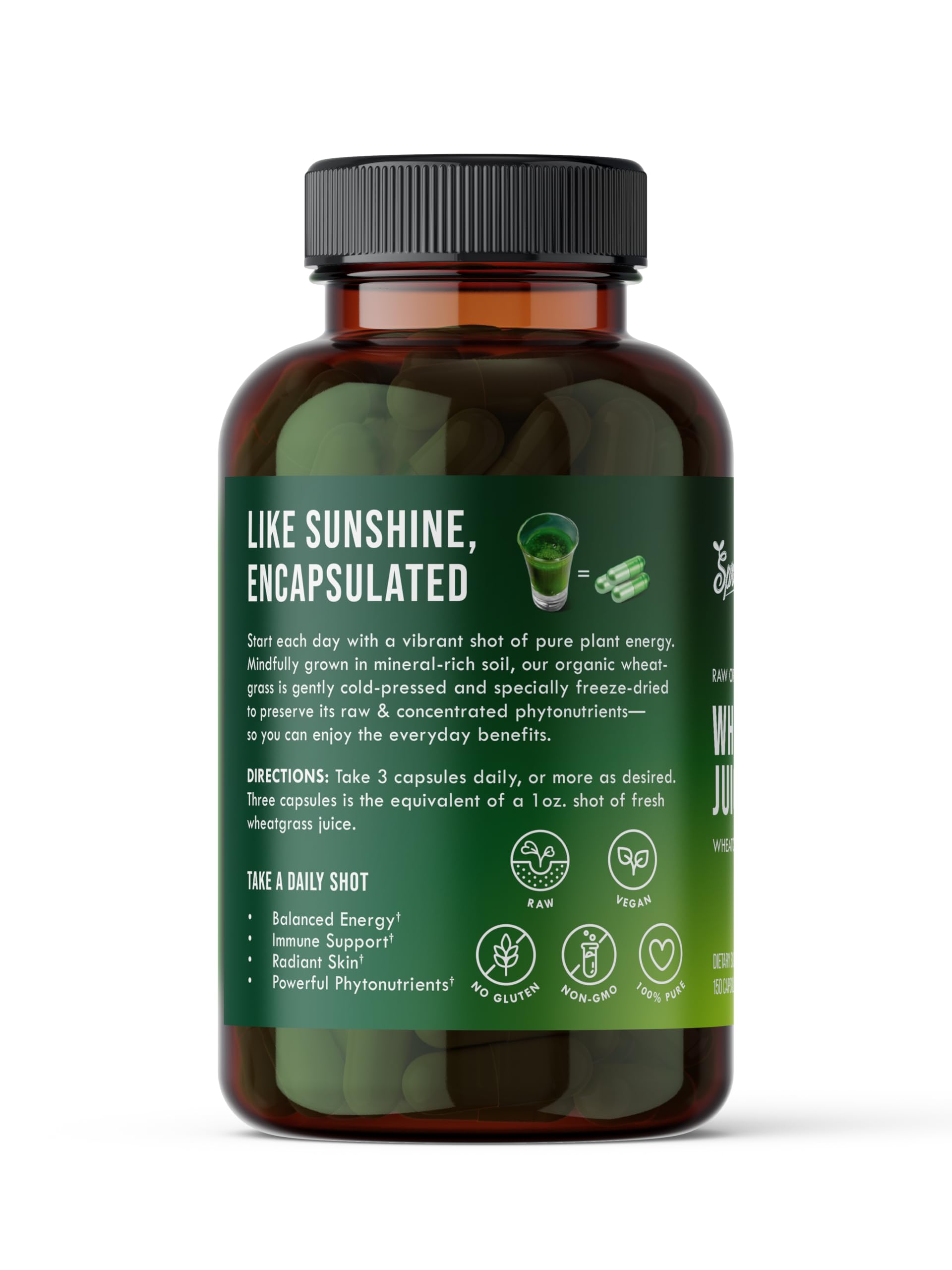 Close-up of organic wheatgrass juice powder capsules
