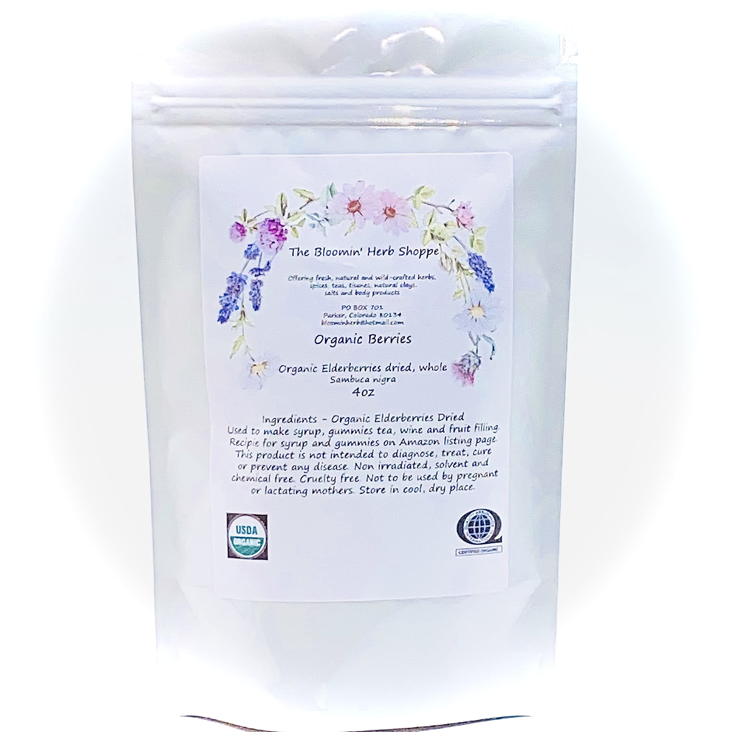 Organic whole dried elderberries 4oz, Sambucus Nigra, dark purple berries