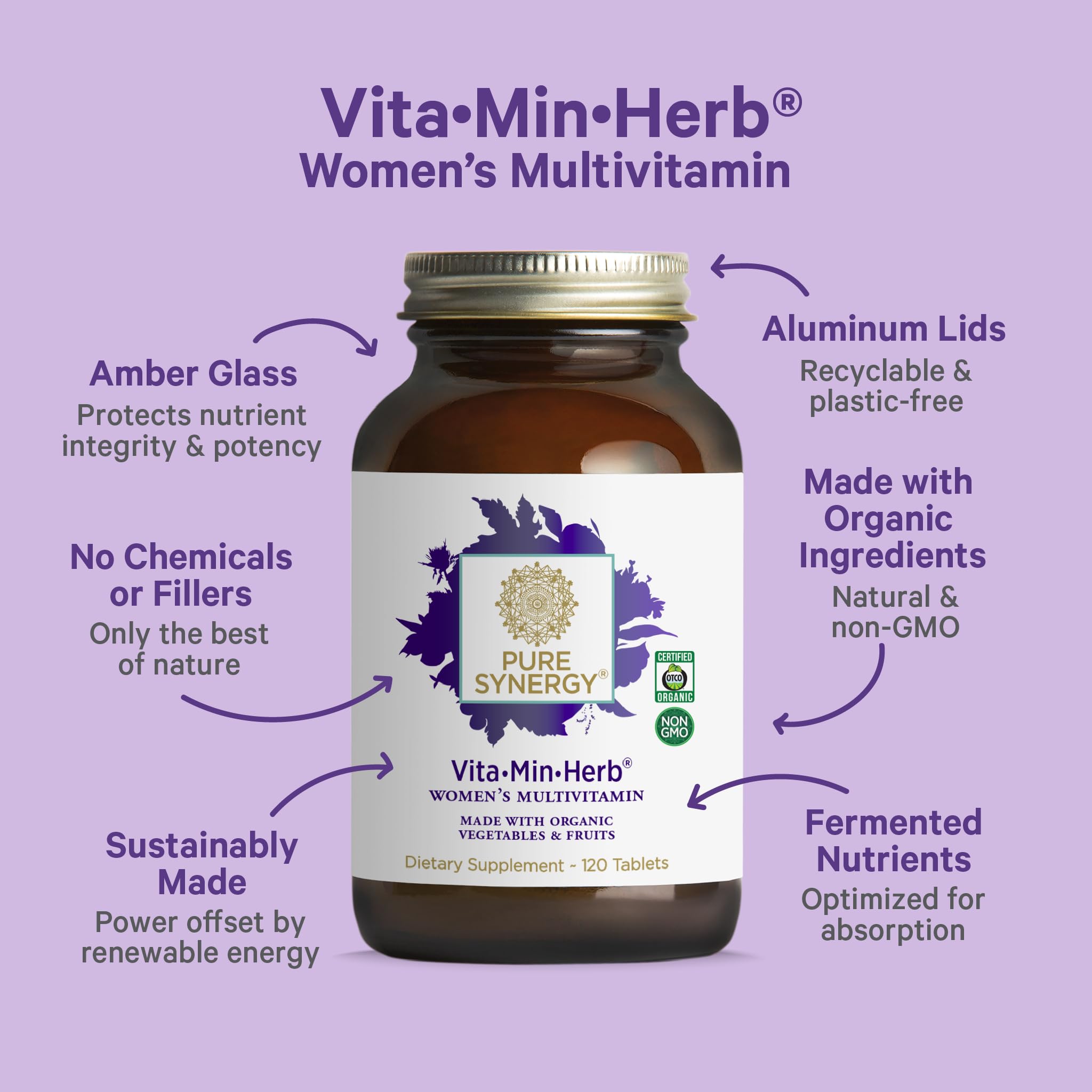 Organic whole food ingredients used in Vita·Min·Herb for Women