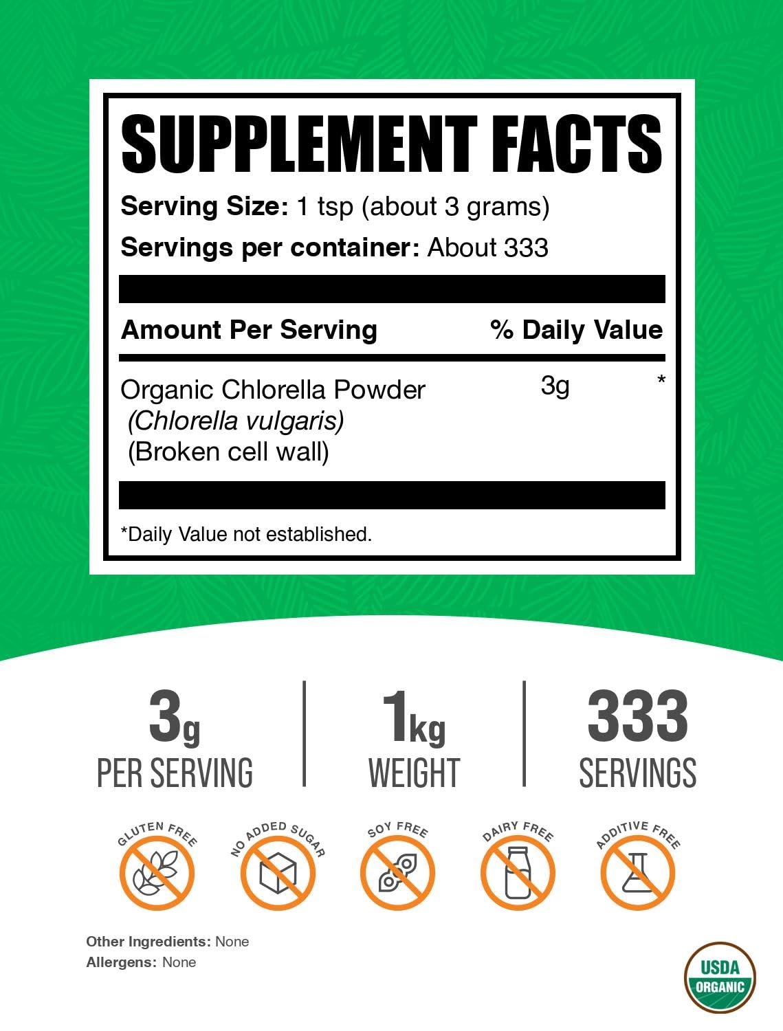 Gluten-free chlorella powder, 3g serving size, 1kg bag