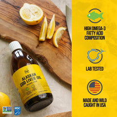 Cod liver oil bottle with organic lemon flavor label