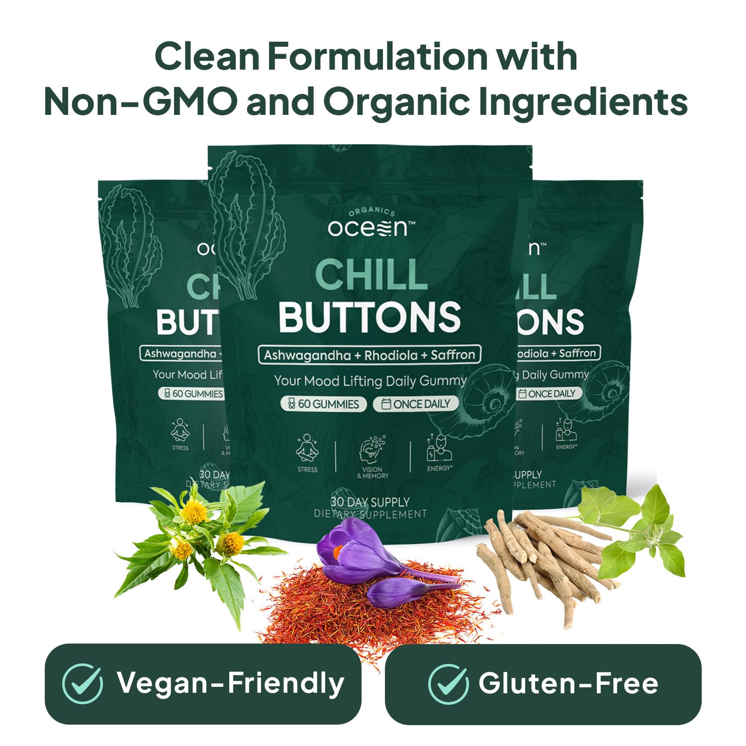 Vegan, non-GMO, gluten-free certification labels on packaging