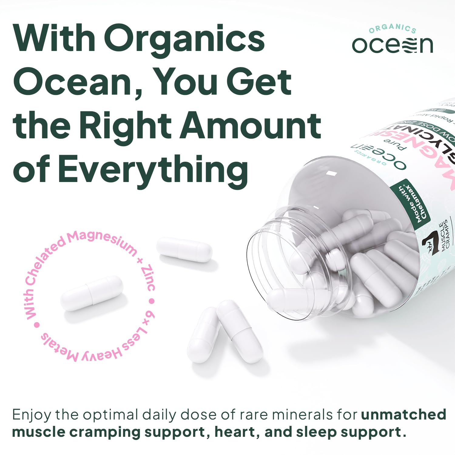 Dead Sea mineral source label emphasizes purity in Organics Ocean supplement.
