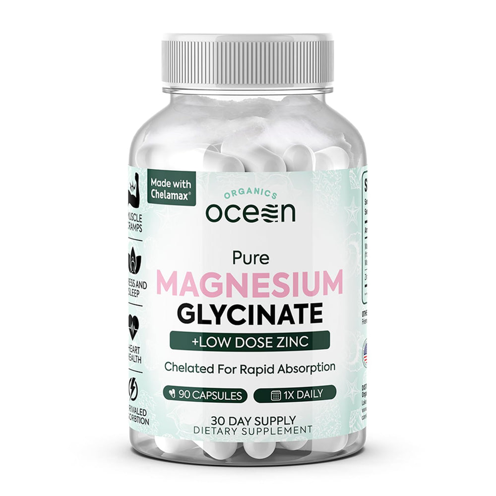 Hero image: Organics Ocean Magnesium Glycinate with Zinc bottle and capsules