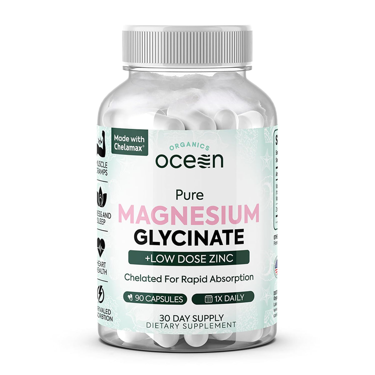 Hero image: Organics Ocean Magnesium Glycinate with Zinc bottle and capsules