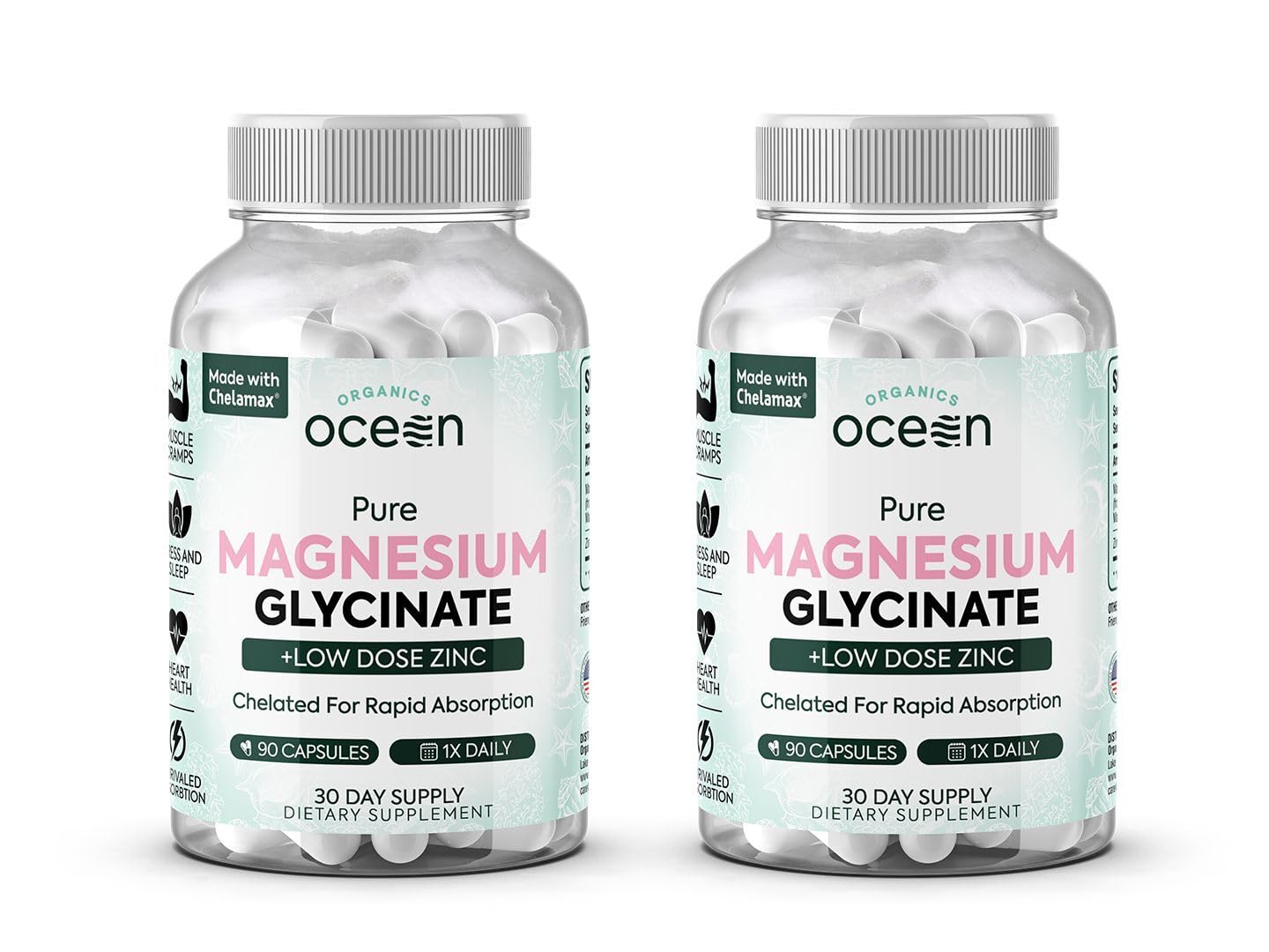 Organics Ocean magnesium glycinate with zinc bottle highlights high absorption for restful sleep.