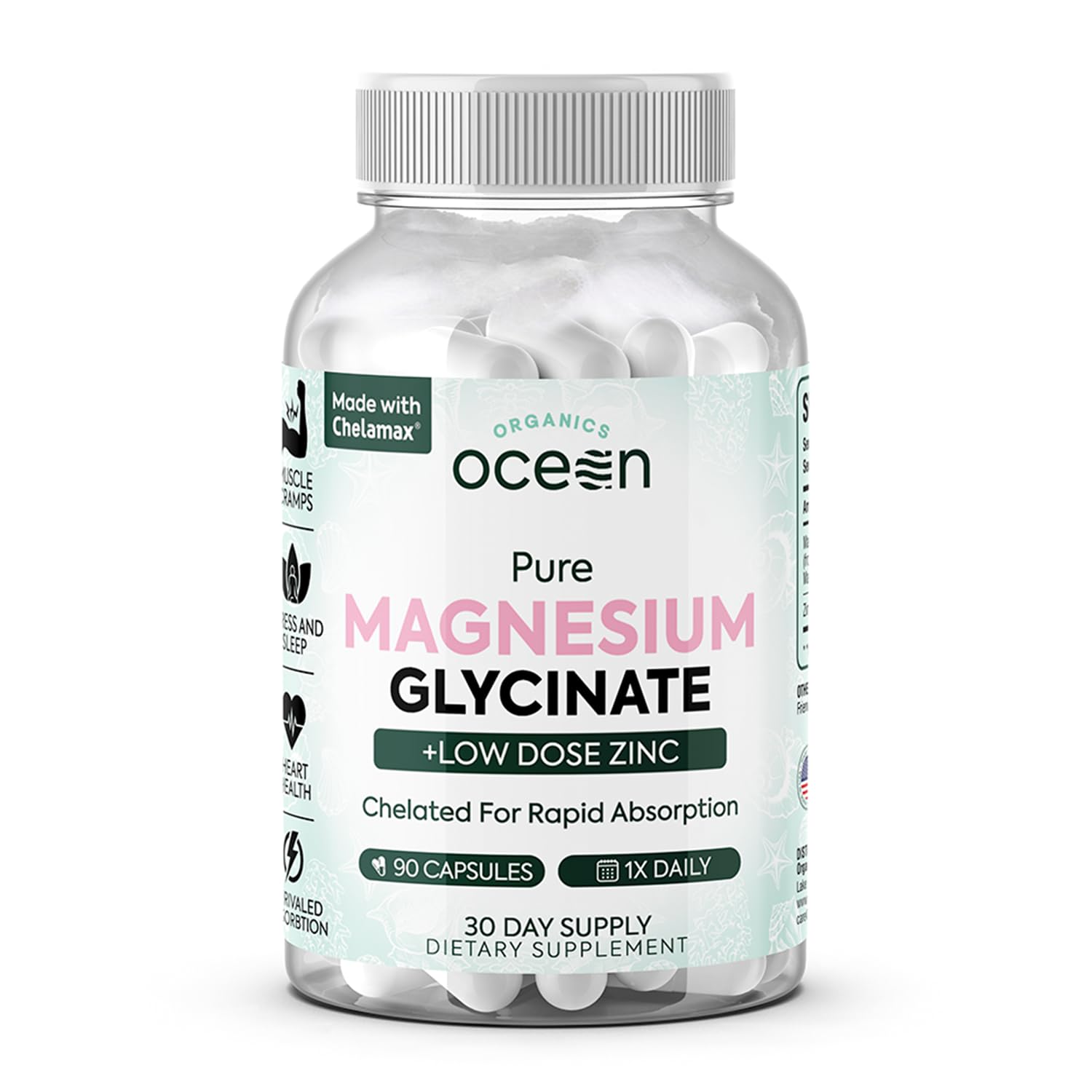 Organics Ocean pure magnesium glycinate with zinc bottle highlights high absorption.
