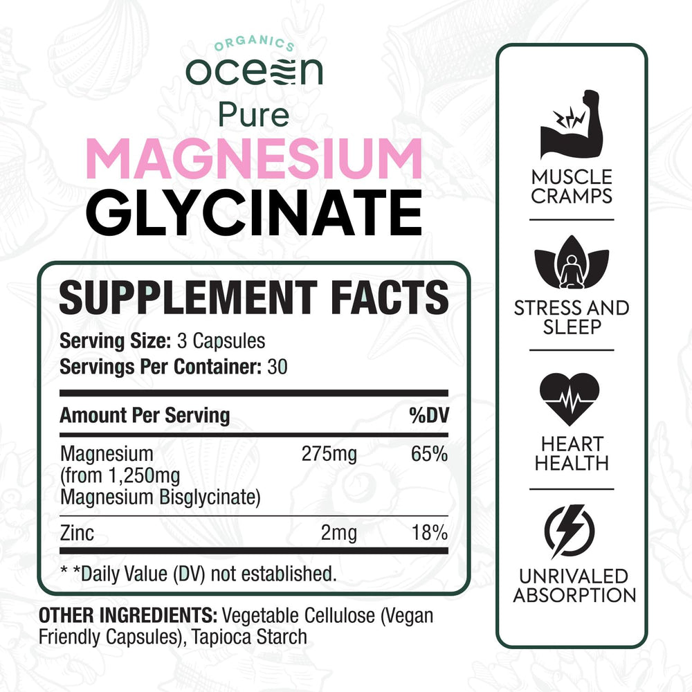Close-up of Organics Ocean magnesium glycinate zinc capsules for easy digestion