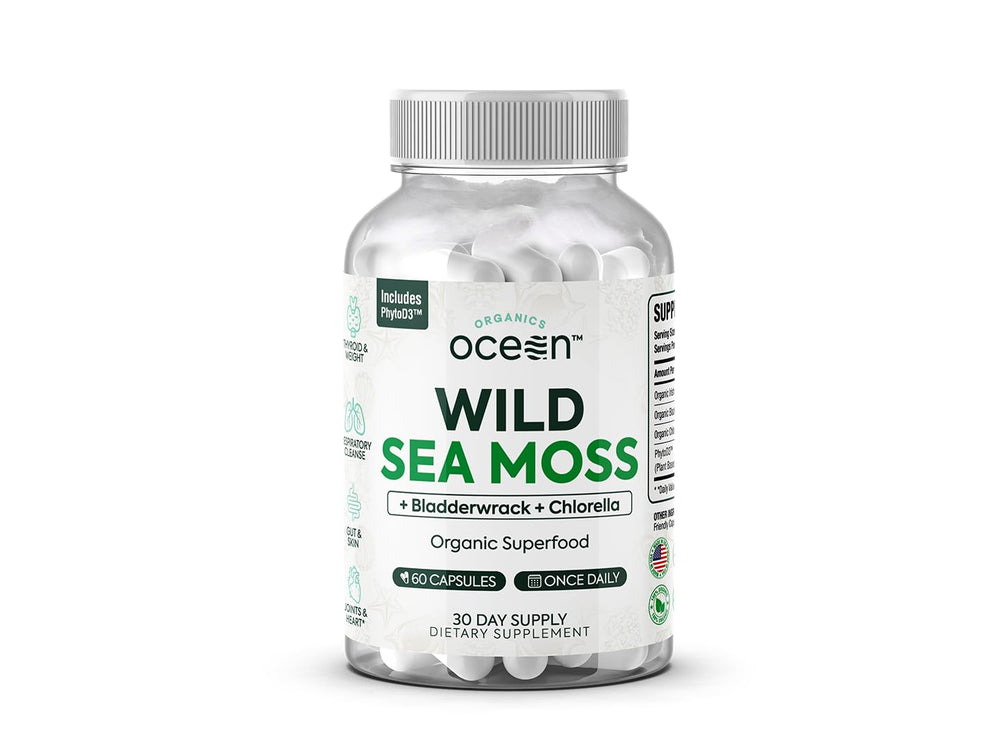 Bottle of Organics Ocean Wild Sea Moss Capsules on white background