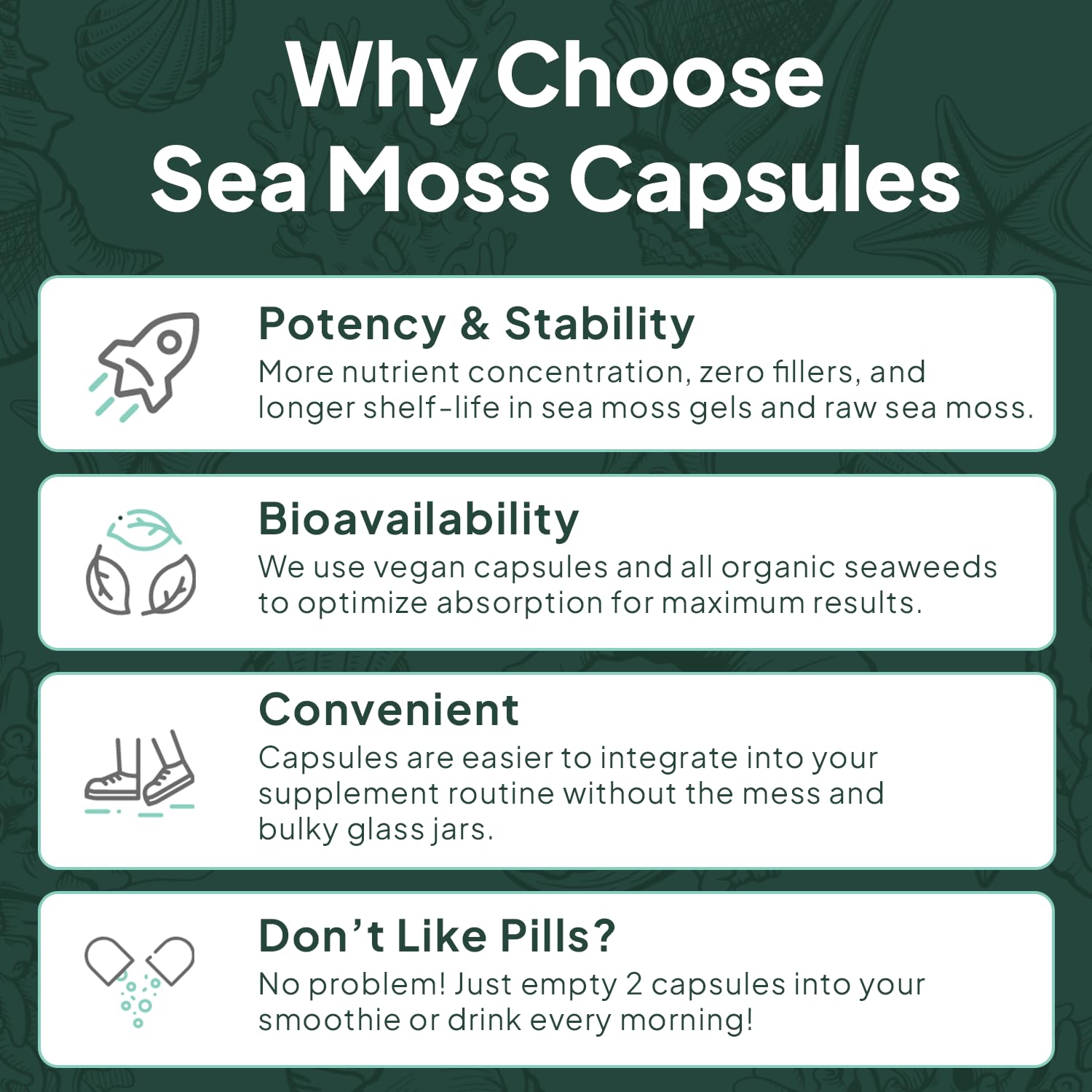 Person taking sea moss capsules for energy and wellness