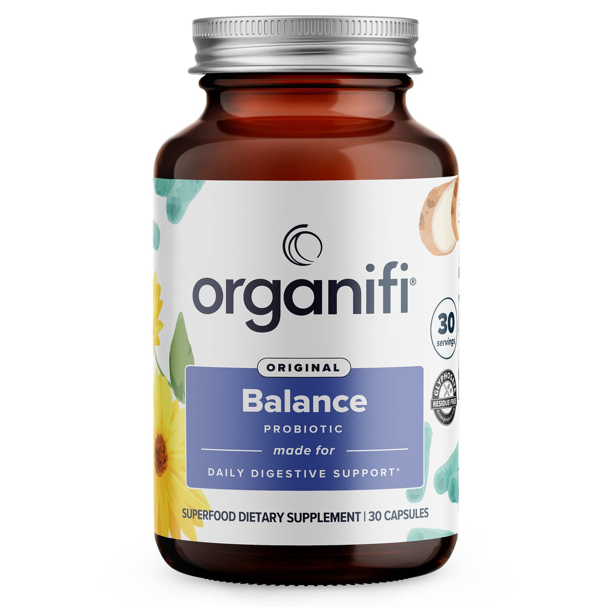 Front view of Organifi Balance Probiotics bottle