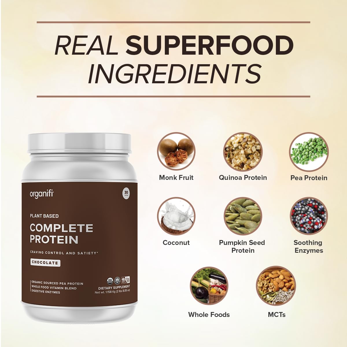 Organifi Complete Protein Chocolate digestive enzymes graphic communicates gentle support for digestion.