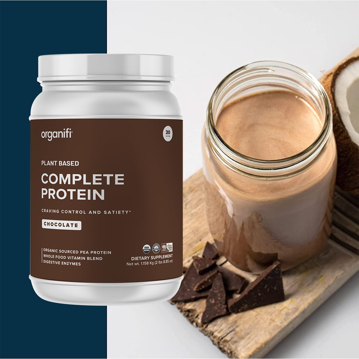Organifi Complete Protein Chocolate glass with foam emphasizes a tasty, satisfying shake ready in minutes.