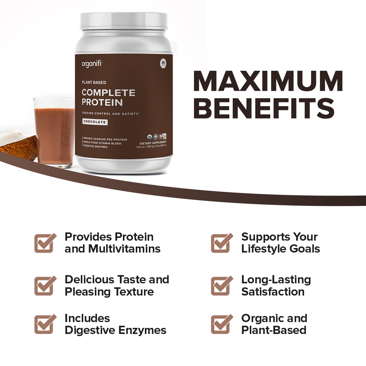 Organifi Complete Protein Chocolate ingredients panel highlights plant-based protein and added enzymes.