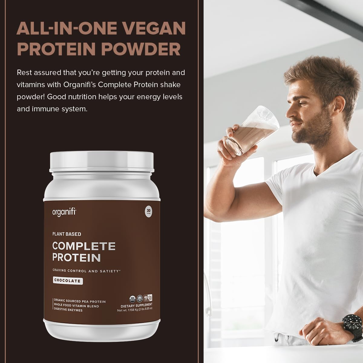 Organifi Complete Protein Chocolate mixed glass presents a creamy shake as a meal or snack.