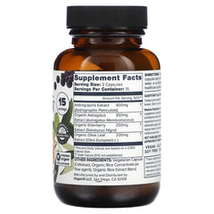 Close-up of essential ingredients: elderberry, Andrographis, Astragalus, olive leaf extract