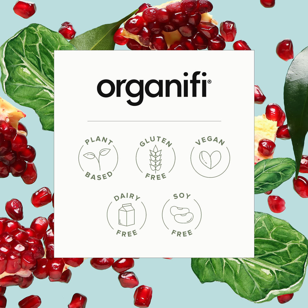 Close-up of Organifi Daily Greens ingredients (greens, fruits, vegetables)
