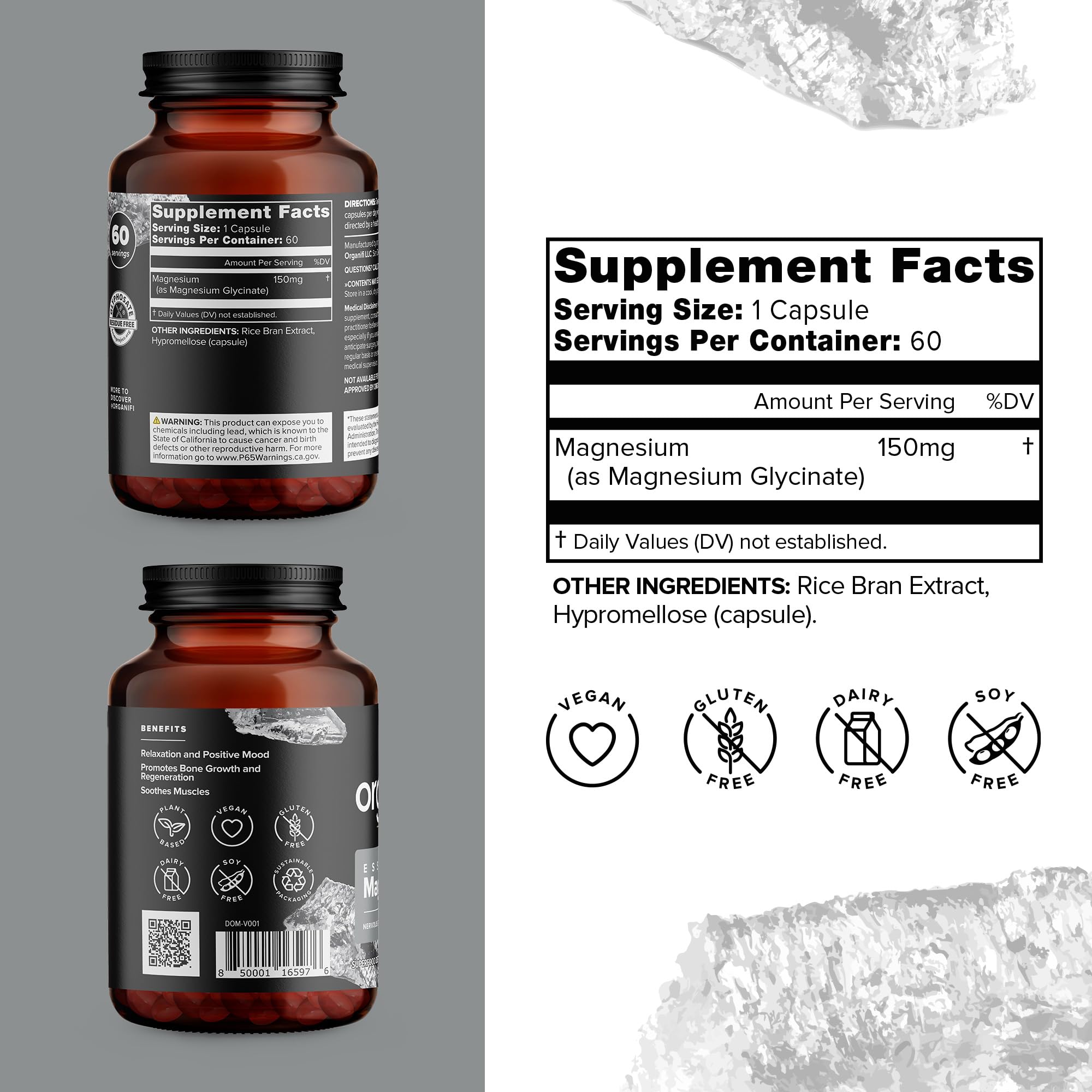 Close-up of 150 mg magnesium glycinate vegan capsules