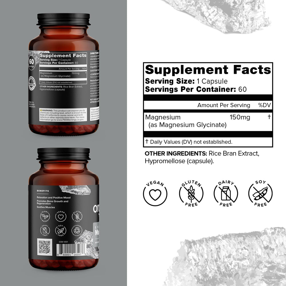 Close-up of 150 mg magnesium glycinate vegan capsules