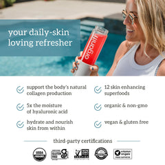 A collage of Glow ingredients: Acerola Cherry, Tremella Mushroom, rosehips