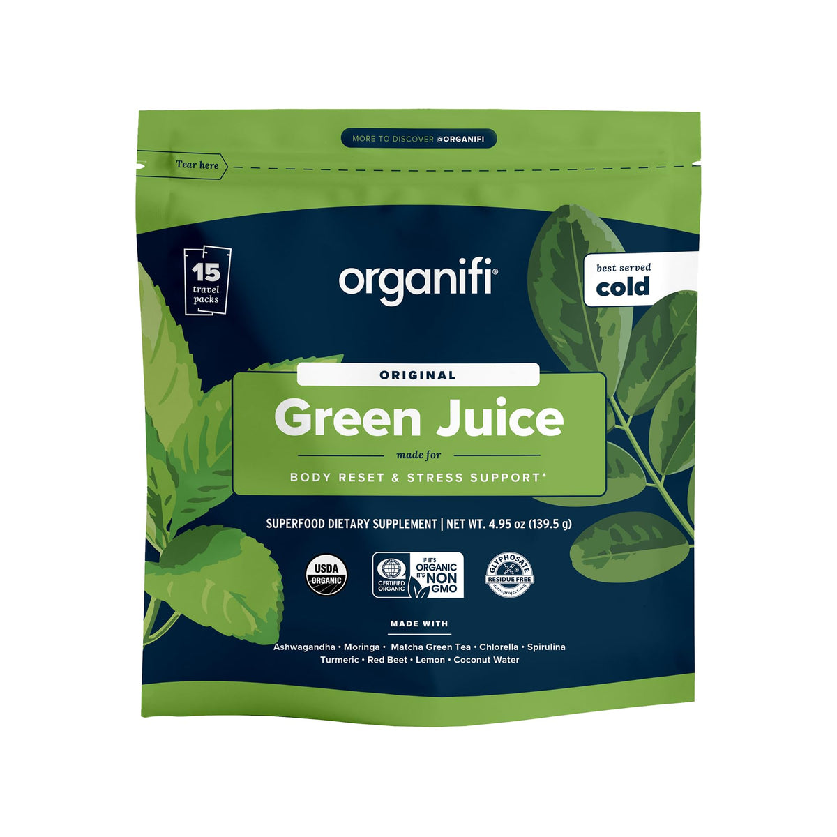 Hero image of Organifi GO Packs Green Juice travel box with 15 sachets