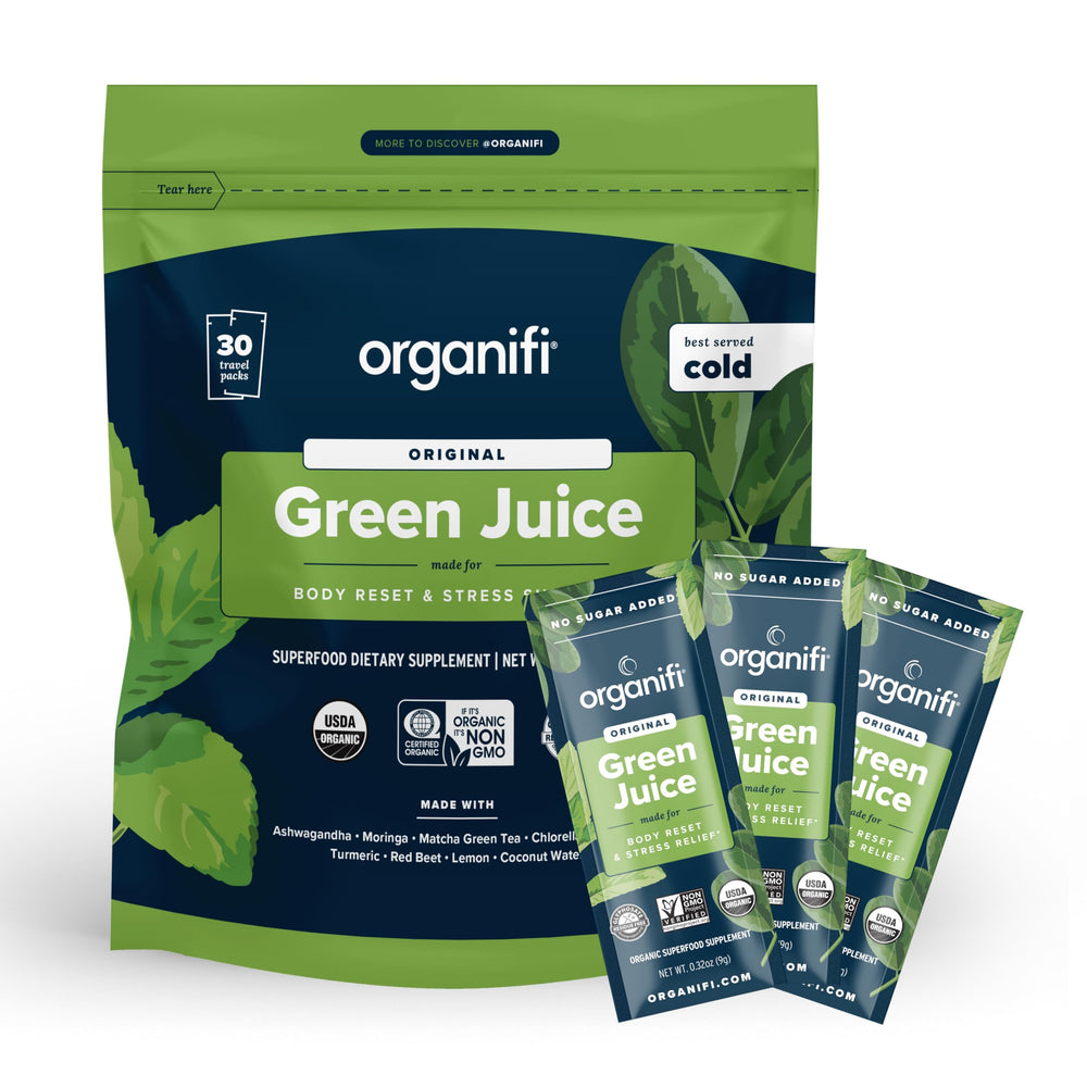 Front view of Organifi GO Packs Green Juice travel packs