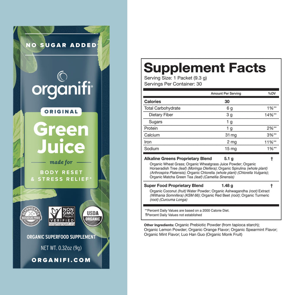 Organic greens powder ingredients and organic label