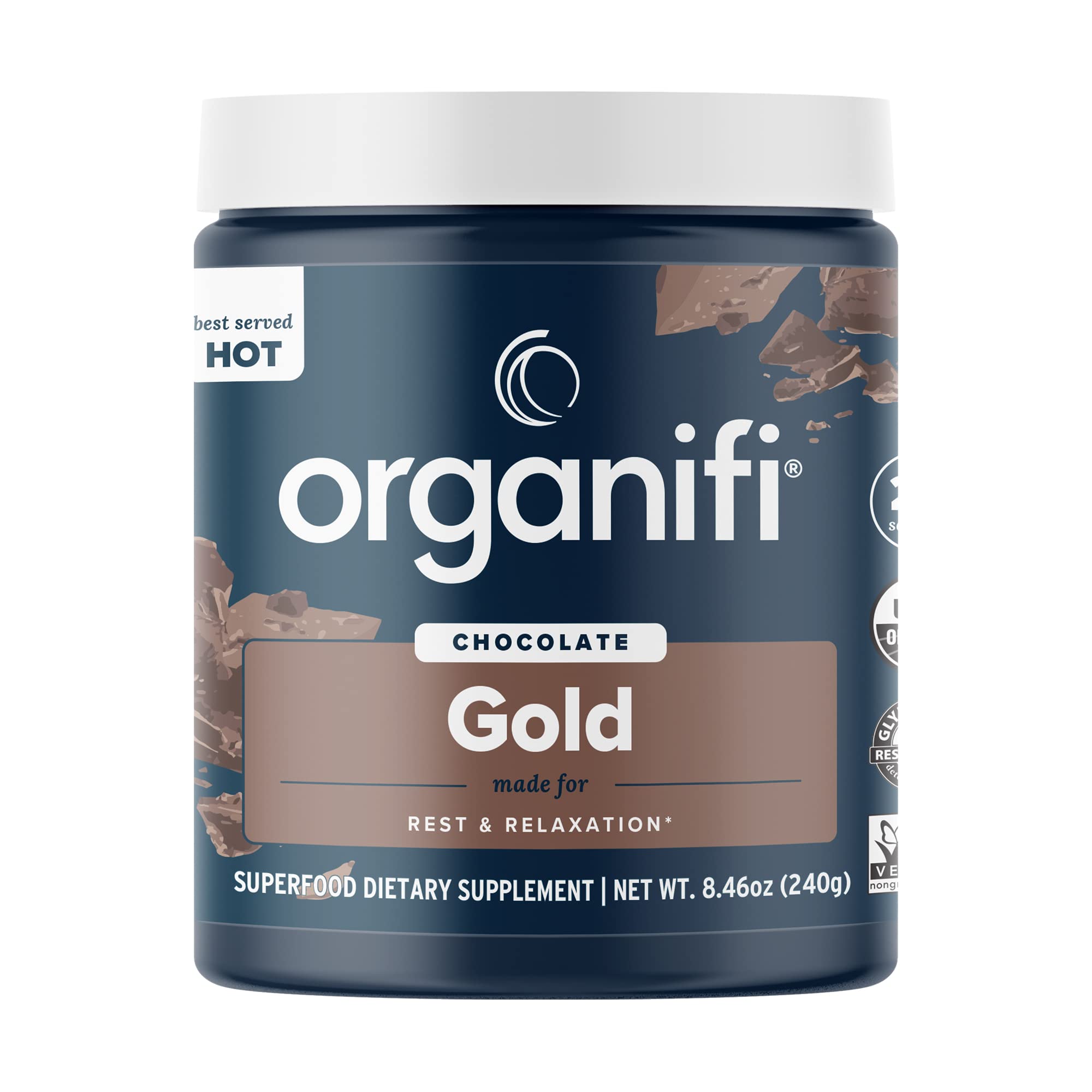 Cup of Organifi Gold Chocolate golden milk beverage