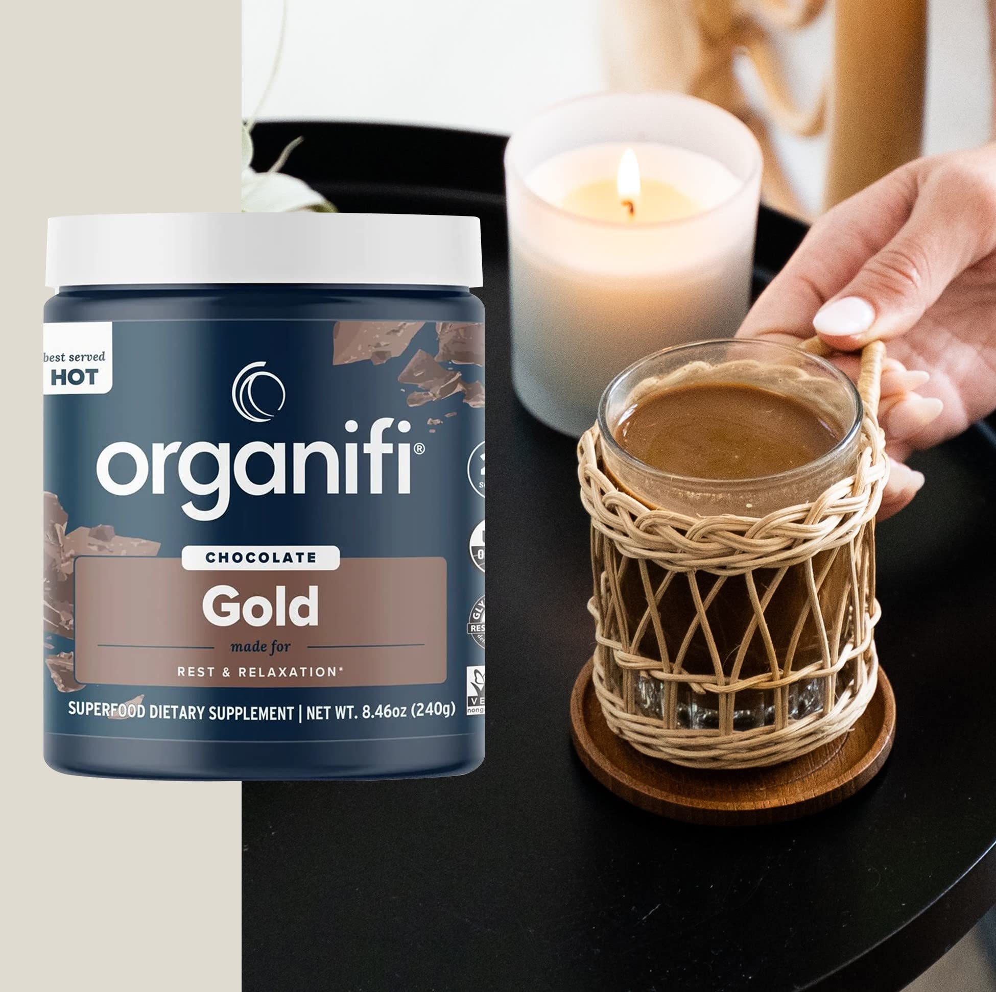 Organifi Gold Chocolate packaging on a clean surface