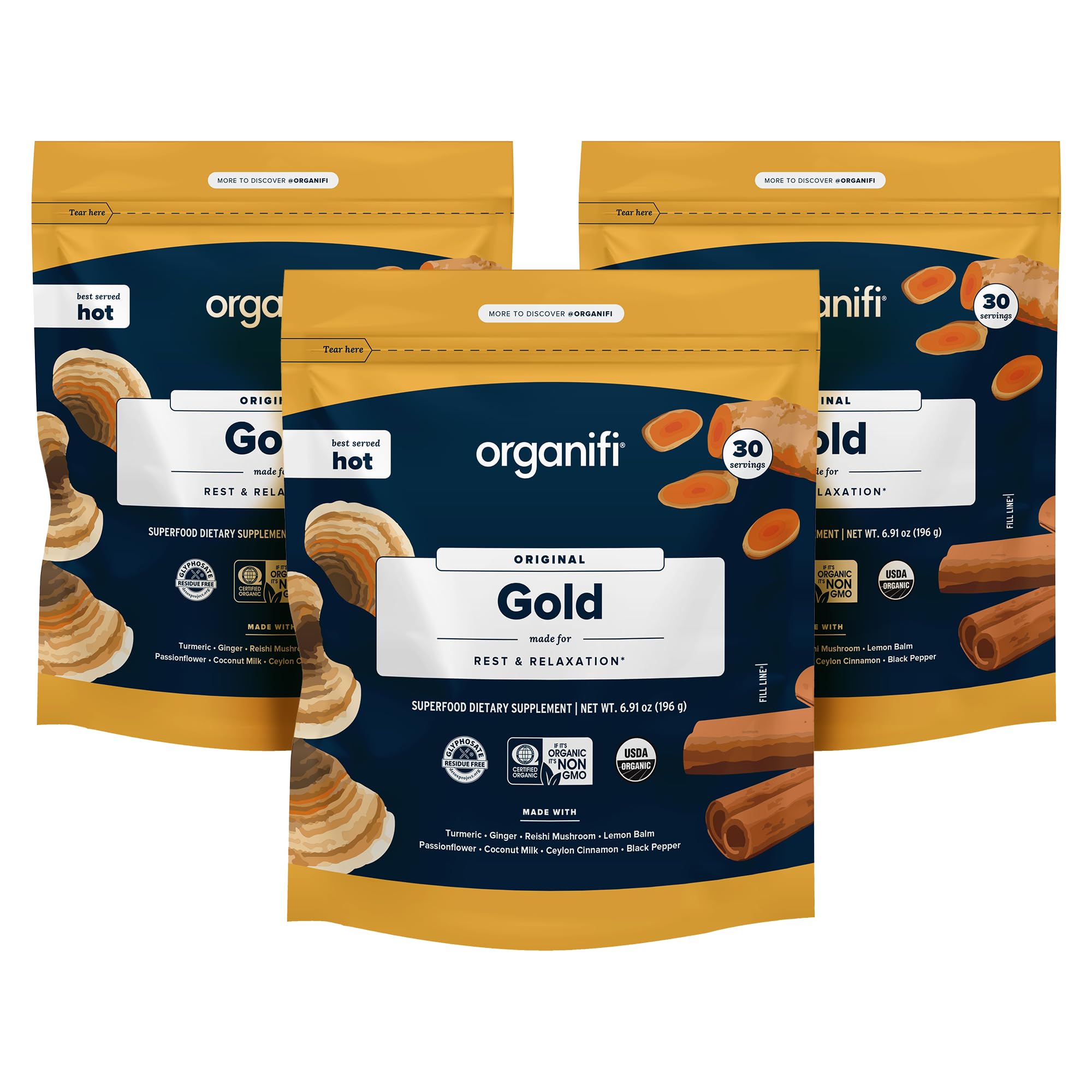Organifi Gold turmeric and reishi nighttime powder with 90 servings in a 3-pack