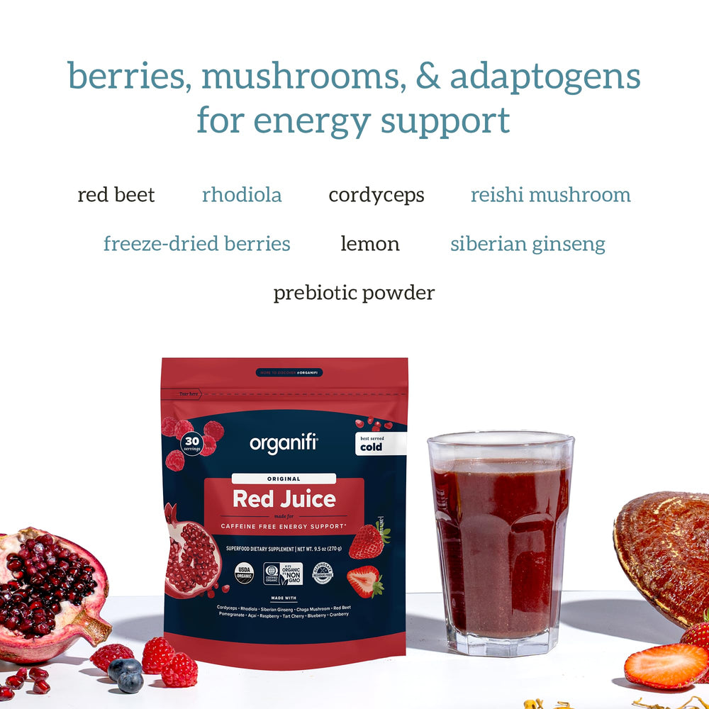 Organifi Green and Red Juice bundle packaging underscores daily nutrition routine