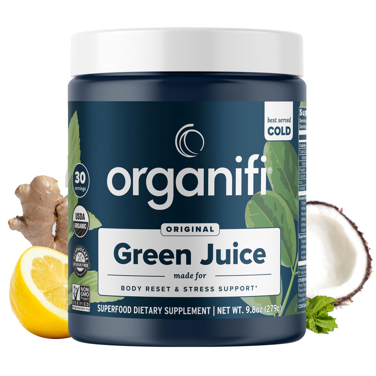 Organifi Green Juice bottle with scoop beside the powder