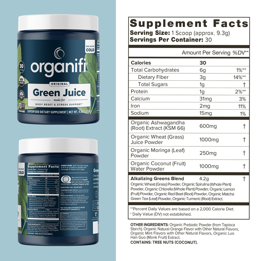 Close up of greens powder ingredients including spirulina and chlorella