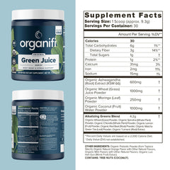 Close up of greens powder ingredients including spirulina and chlorella