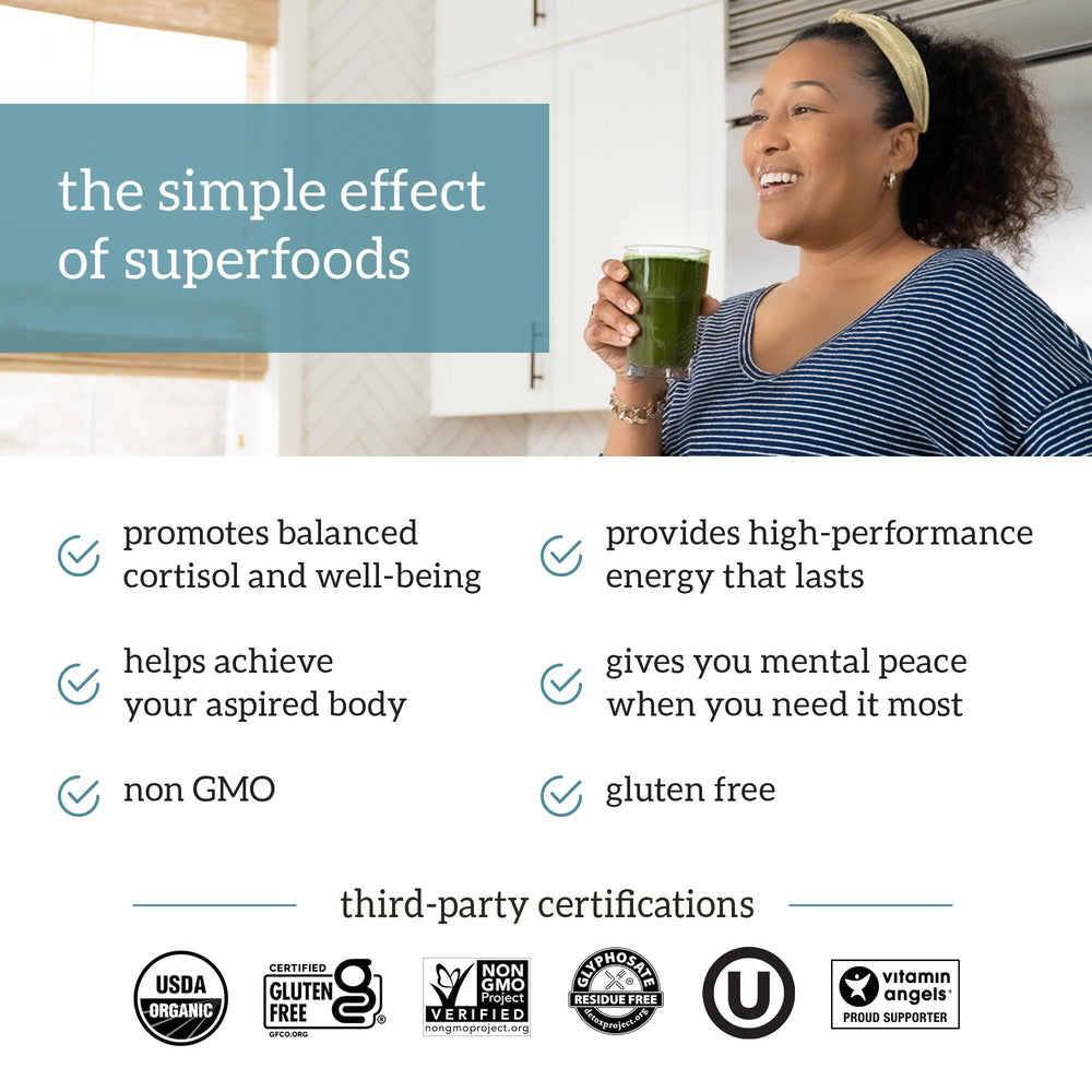 Blend of key ingredients including ashwagandha moringa spirulina chlorella in powder form