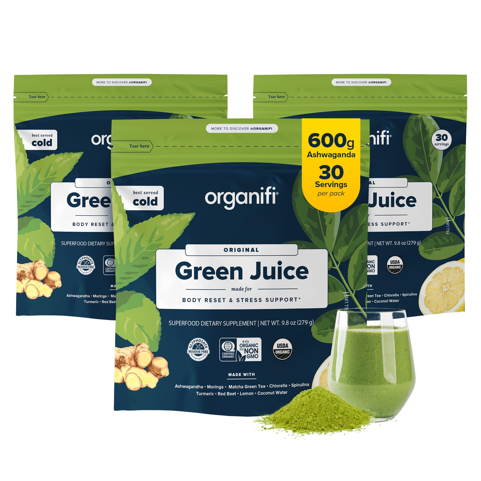 Organifi Green Juice bottle with label facing forward