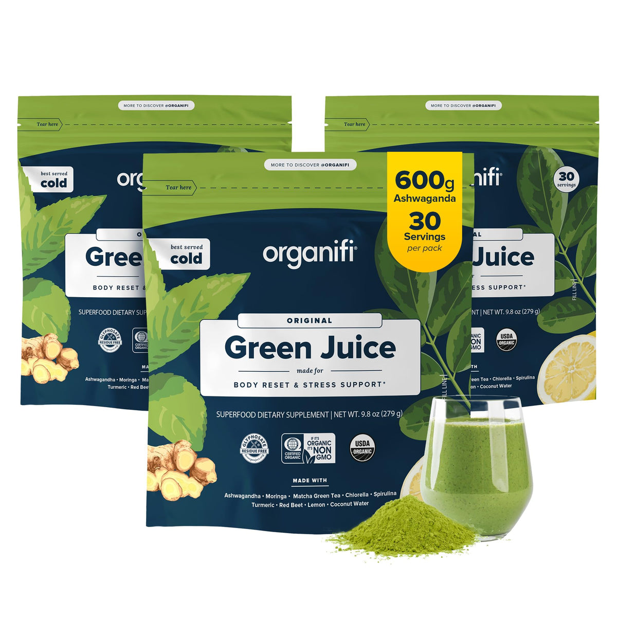 Organifi Green Juice bottle with label facing forward