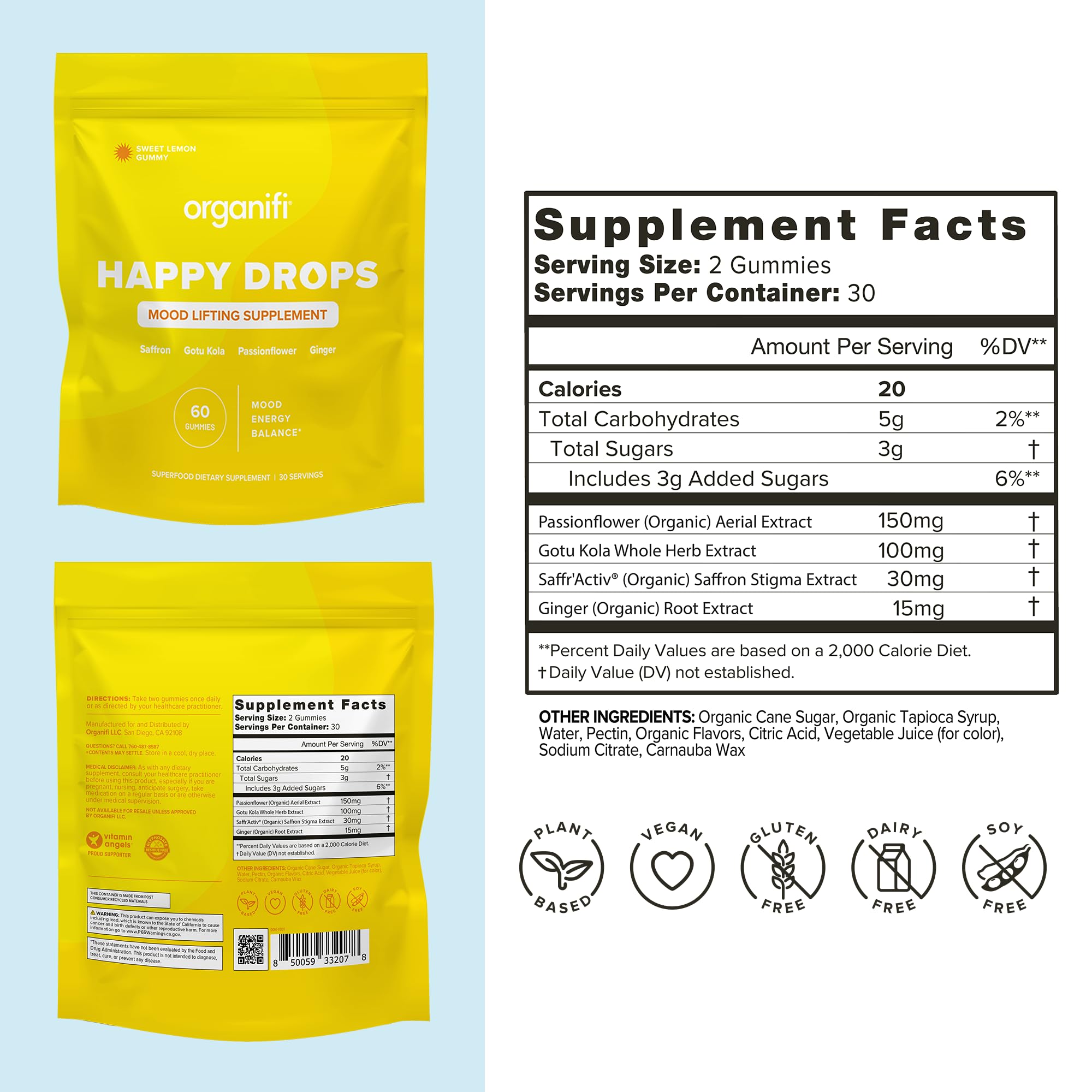 Close-up of Organifi Happy Drops bottle label