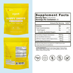 Close-up of Organifi Happy Drops bottle label