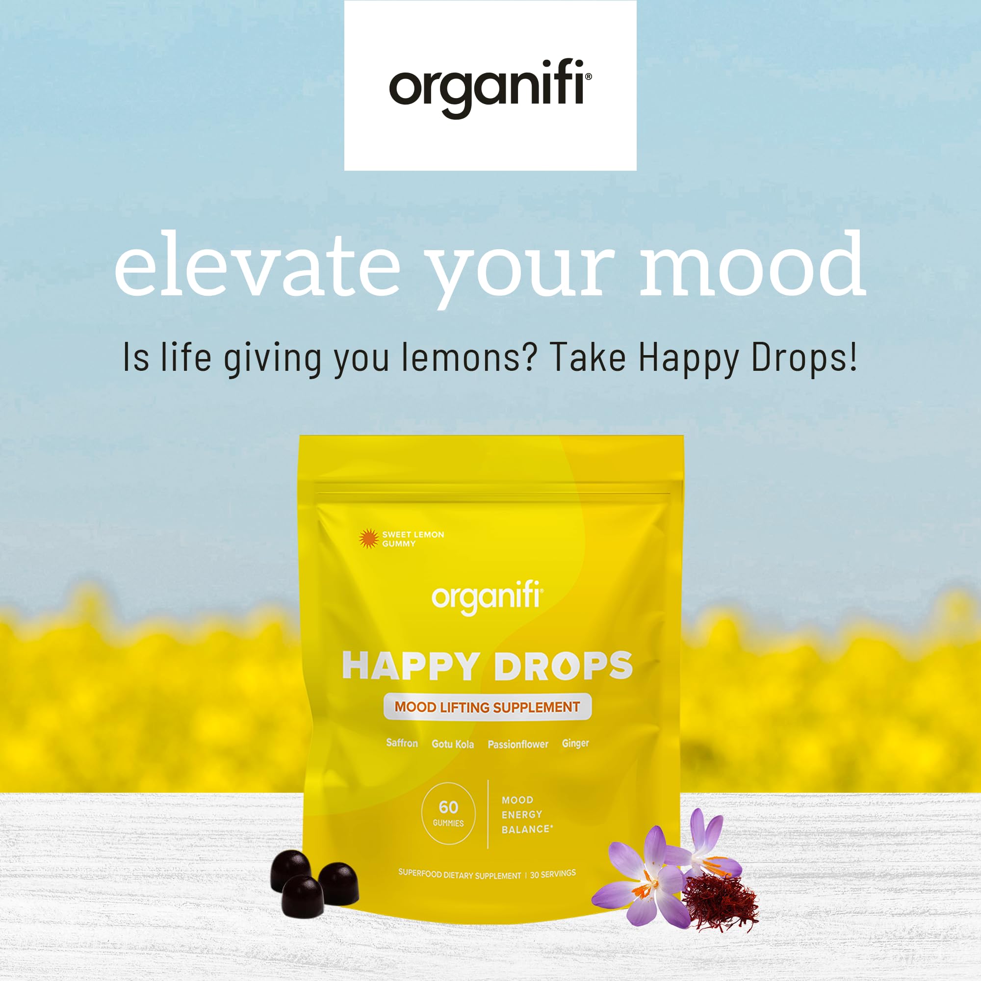 Lemon-flavored Happy Drops gummies on white background
