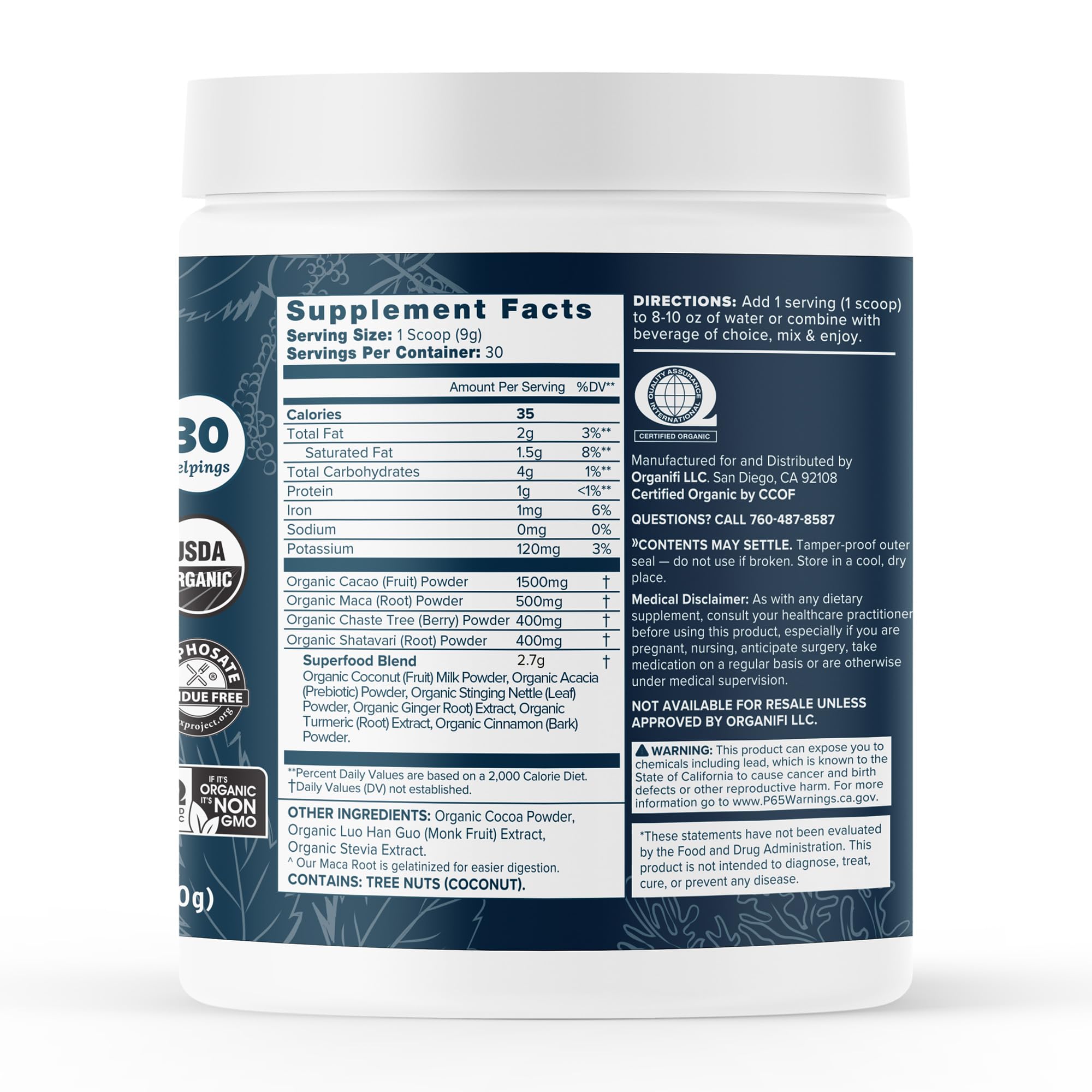 Organifi Harmony packaging with serving suggestion in a cup