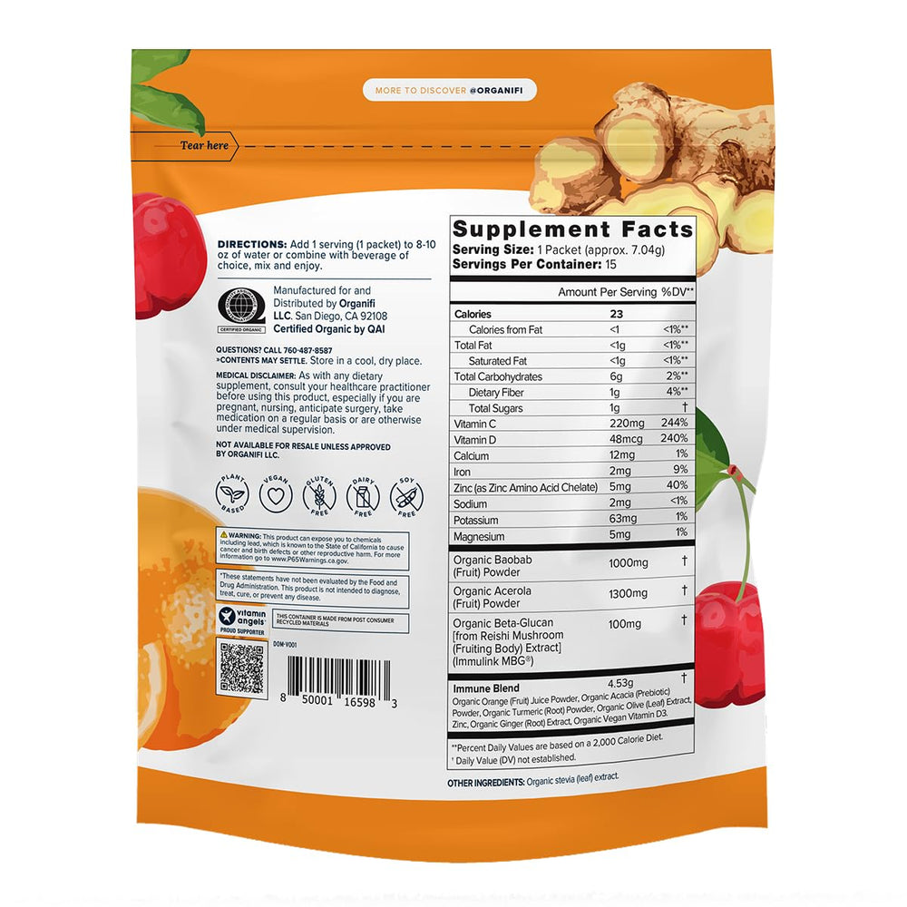 Organifi Immunity single-serve packet on a white surface