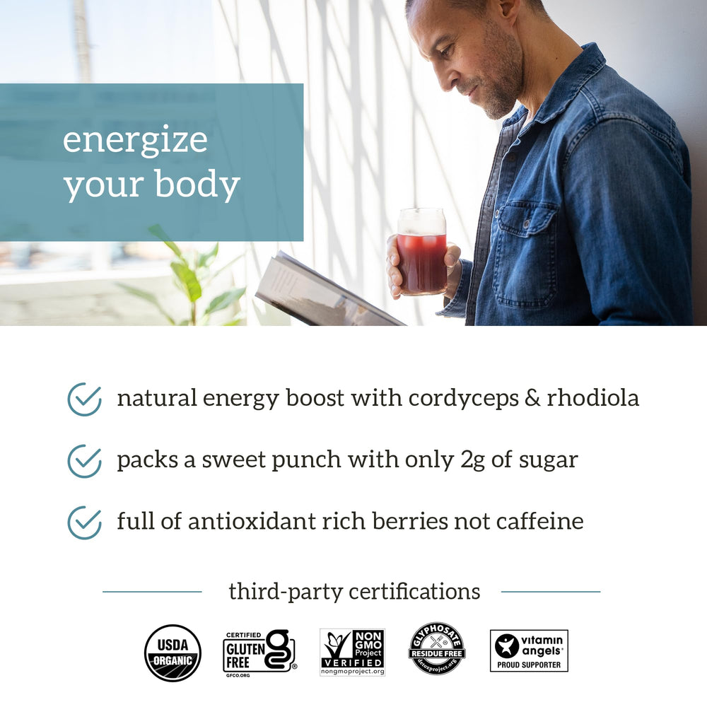 Organifi Red Juice glass with ice suggests fruity, refreshing option